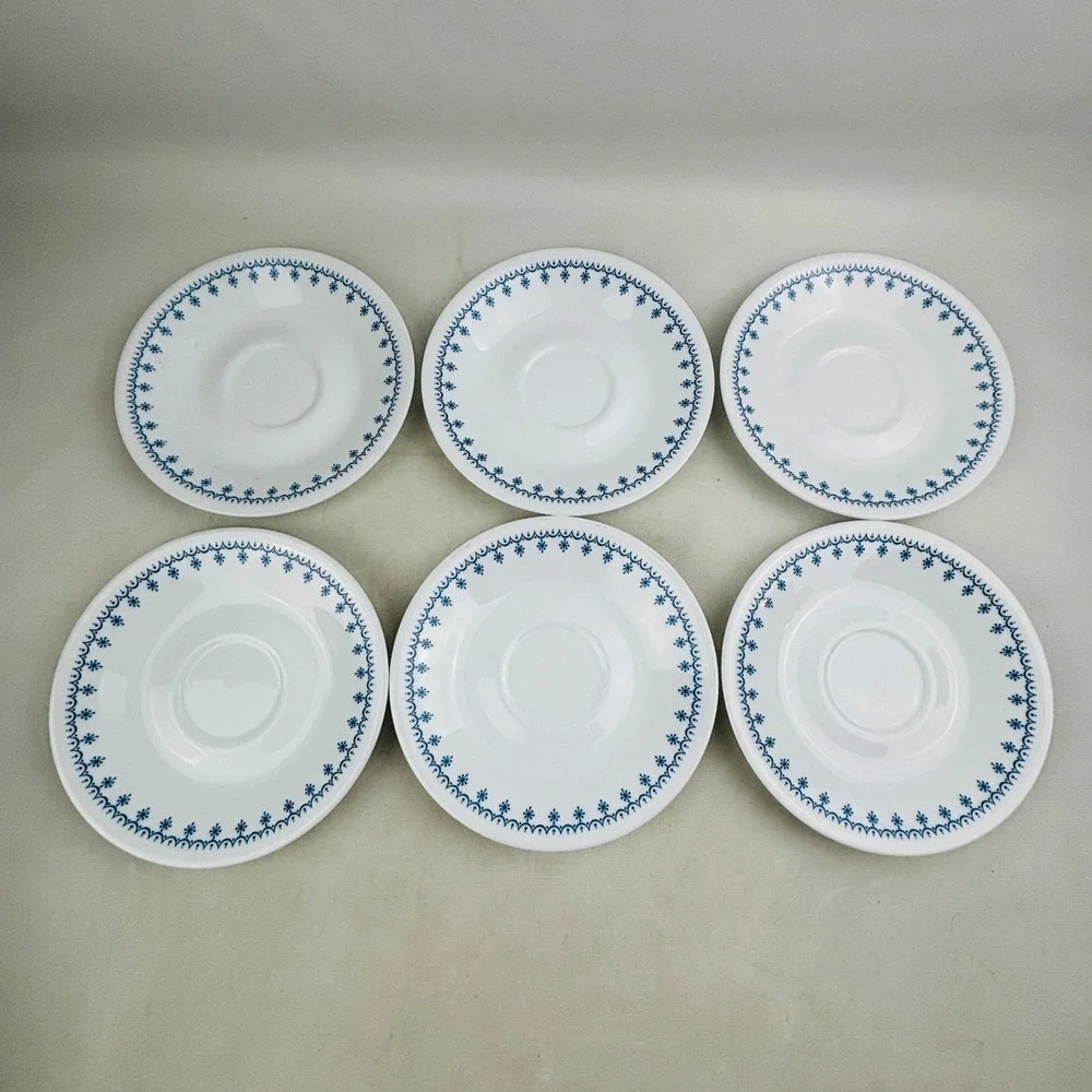 Corelle Snowflake Blue 6 Flat Cup & Saucer Sets White Ring Handle Vintage‎